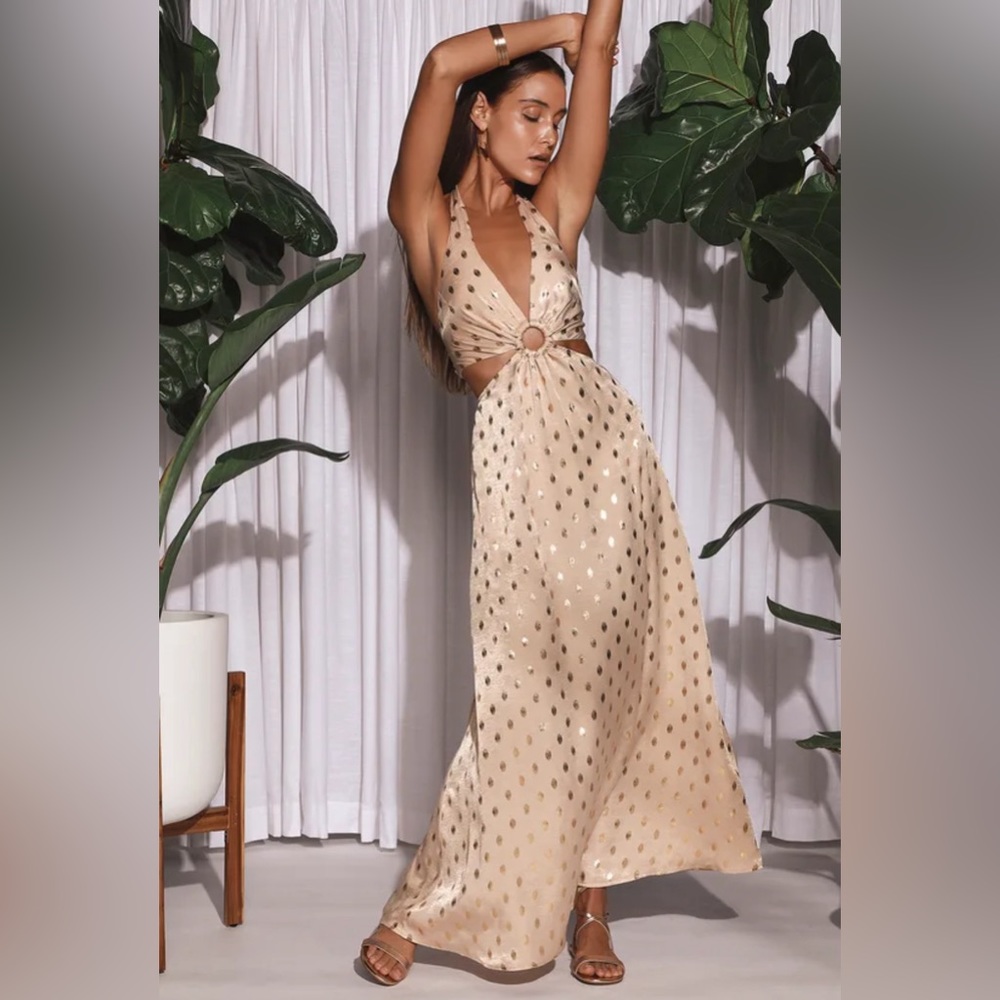 Lulu’s Bel Air Beige and Gold Backless Halter Midi Dress in Size XL